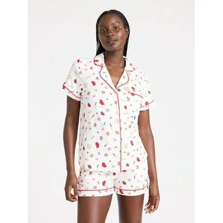 Joyspun Women’s Dreamy Soft Collection Notch Collar Knit Top and Boxer Shorts Pajama Set, Sizes XS-3X | Walmart (US)
