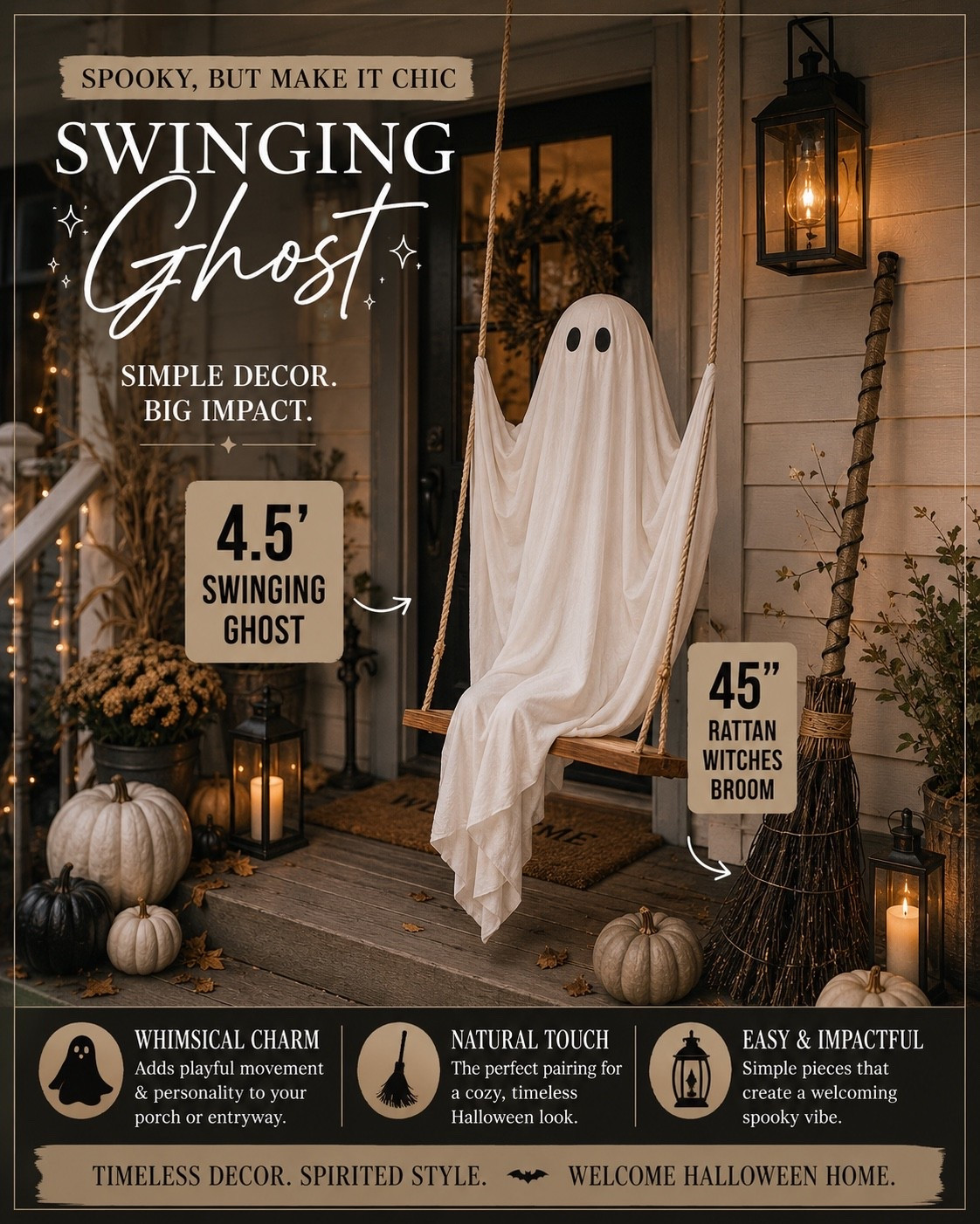 The swinging ghost and rattan Witch’s broom give any porch that spooky cottage look!!

#LTKSeasonal #LTKHome #LTKstorytime