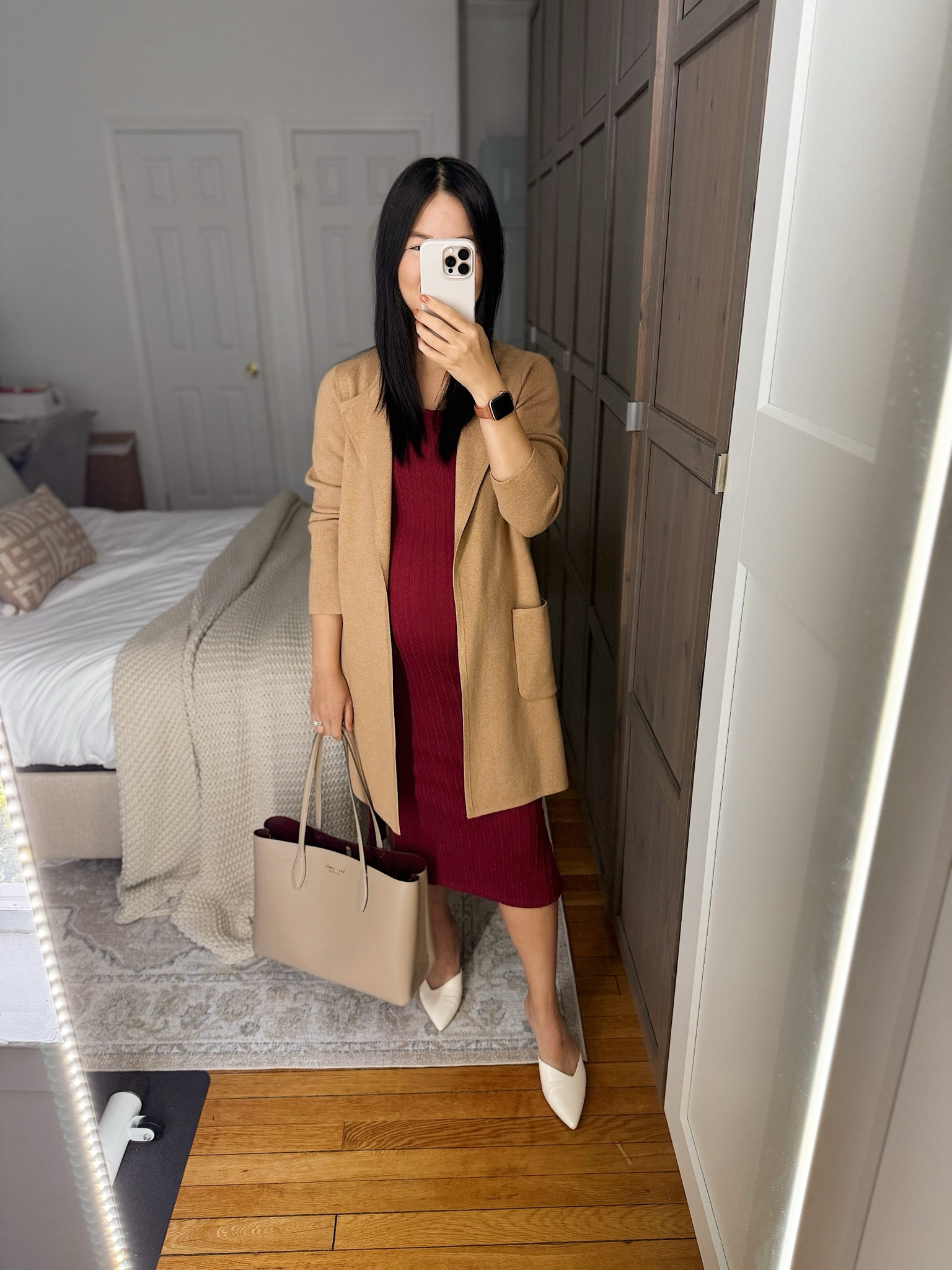 J.Crew sweater coat (XXS)
Camel sweater coat
J.Crew Juliette cardigan
Dark red maternity dress
Dark red tank dress
Taupe tote bag
White mule pumps (1/2 size up)
Maternity outfit
Maternity work outfit
Smart casual outfit
Business casual outfit
Fall outfit
Amazon fashion
Amazon dress

#LTKWorkwear #LTKFitness #LTKBump