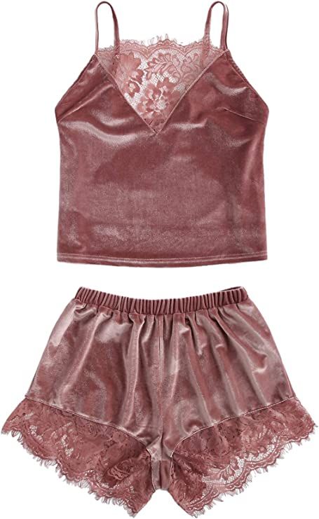 DIDK Women's Sexy Pajama Set Lace Trim Velvet Bralette and Shorts Sleepwear | Amazon (US)