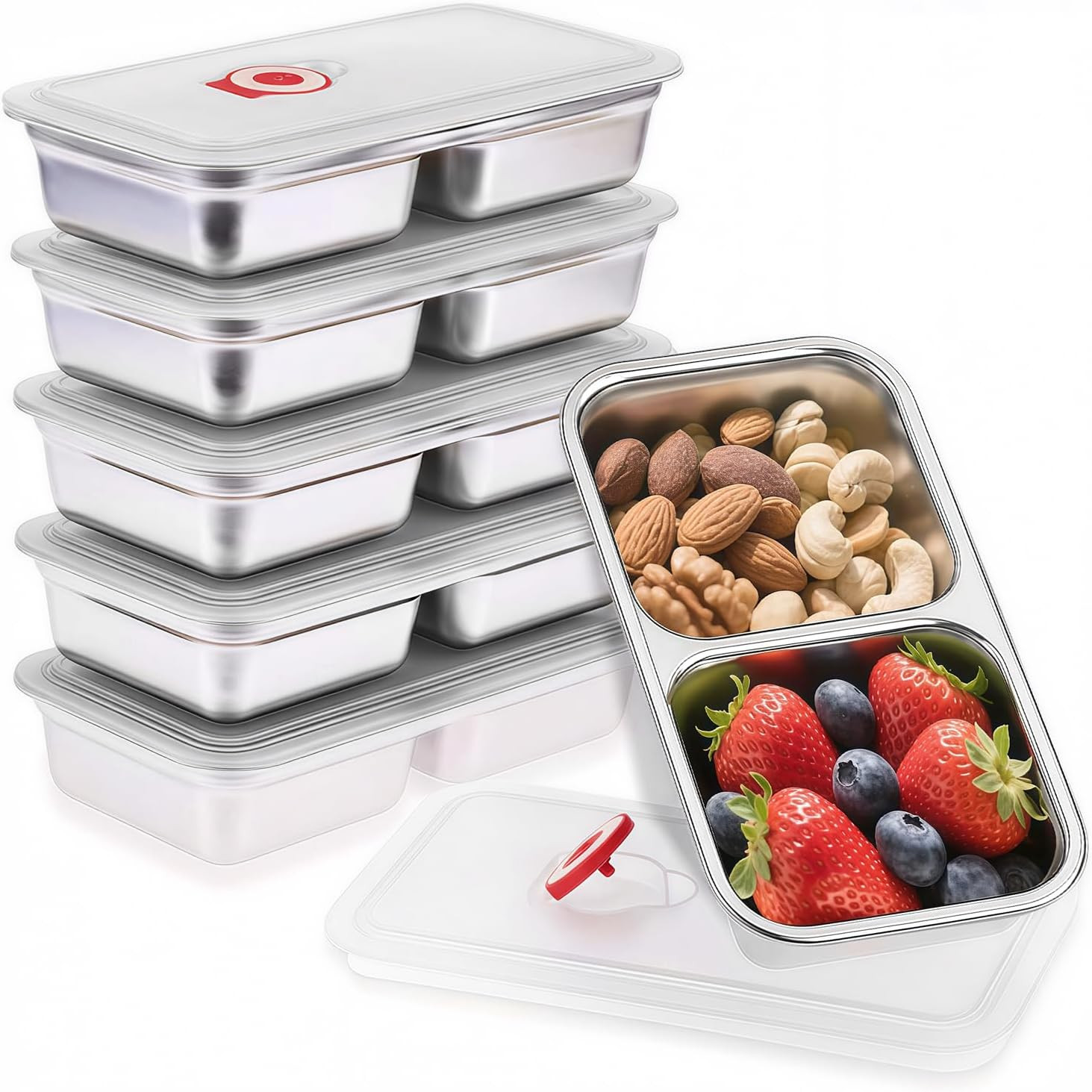 Stainless Steel Snack Containers, 6-Pack Reusable Grab and Go Containers with Lids, Dual Compartment Bento Box for Travel, Camping & Lunch Prep (Red) | Amazon (US)