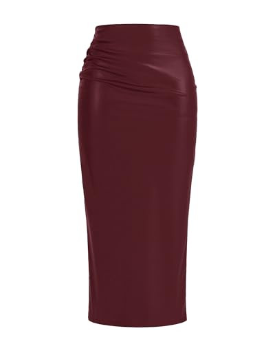 BTFBM Skirts for Women Trendy Fall 2025 Elastic Waist Ruched Bodycon Slit Pencil Midi Leather Ski... | Amazon (US)