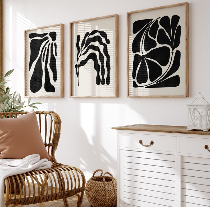 Boho Botanical Wall Art Set of 3, Matisse Botanical Print Set, Black White Wall Art, Boho Decor, ... | Etsy (US)