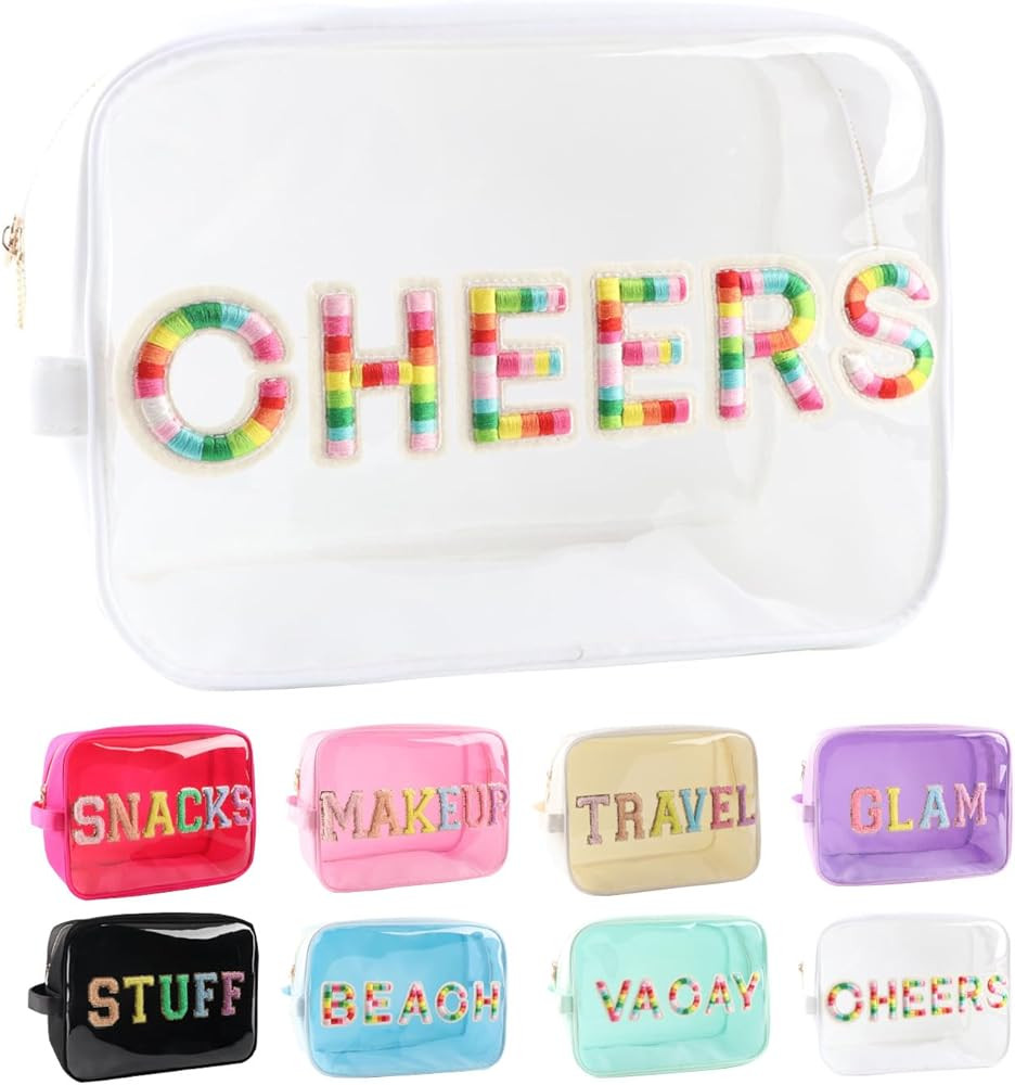 Clear Extra Large 3D Embroidery Patches CHEERS Pouch Preppy Clear TPU and Nylon Makeup Bag Women ... | Amazon (US)