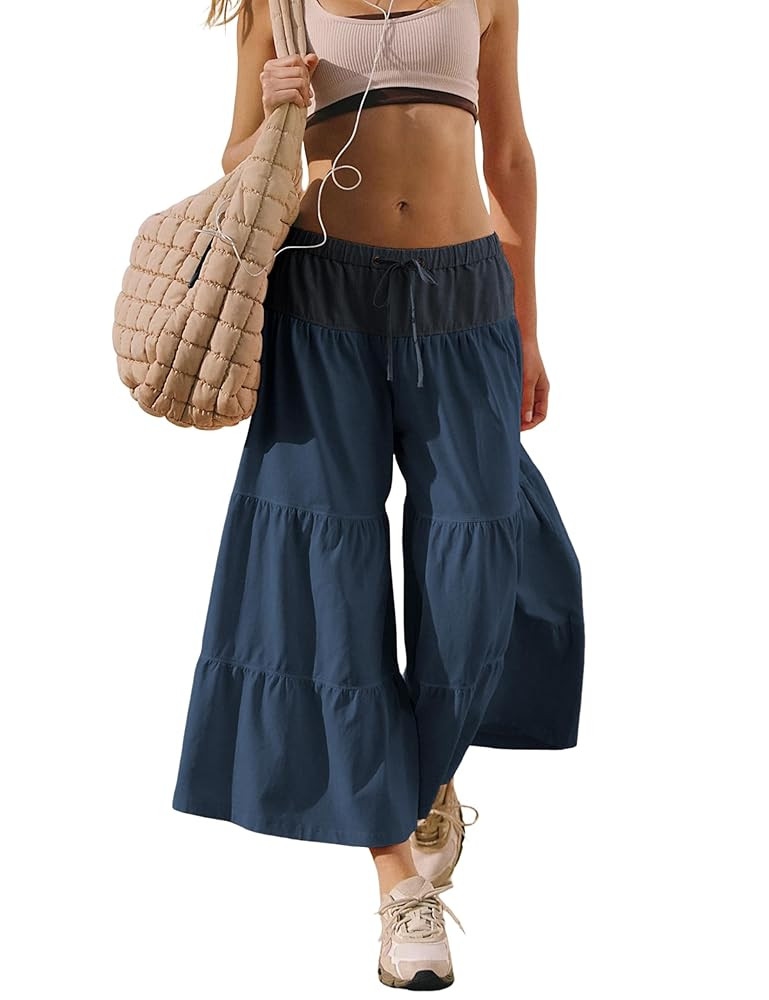 Hooever Women Wide Leg Palazzo Pants Flowy Boho Drawstring Waist Ruffle Hem Capris Bloomer Trouse... | Amazon (US)