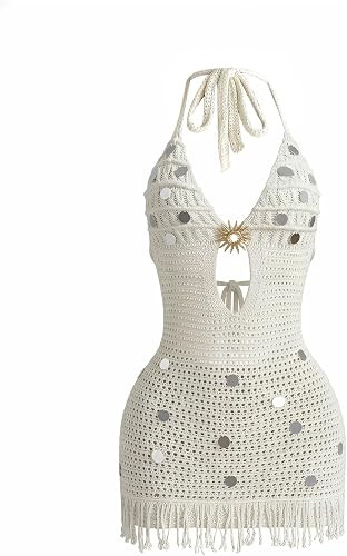 GORGLITTER Women's Crochet Mini Dress Fringe Sequin Cut Out Metal Tie Backless Halter Bodycon Dre... | Amazon (US)