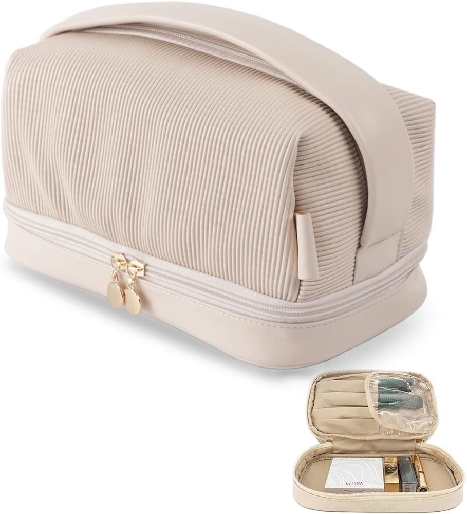 Makeup Travel Bag for Women, Large Capacity Water Proof Vegan Leather Cosmetic Bags, Double Layer... | Amazon (US)