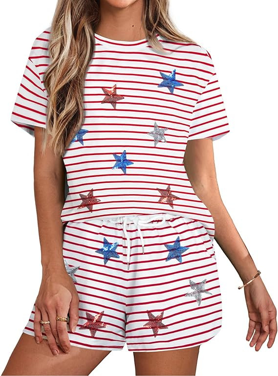 VILOVE 4th of July 2 Piece Sequin Outfits Women 250 Anniversary Usa Shirts and Short Sets Casual ... | Amazon (US)