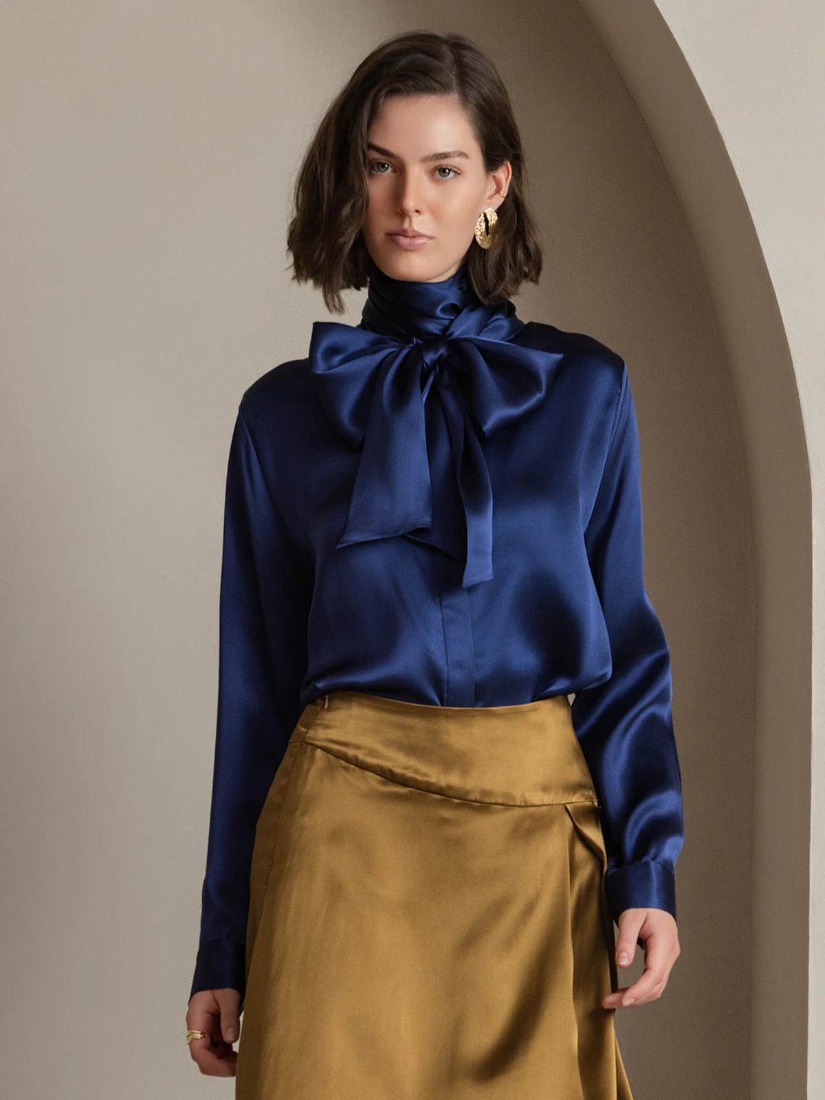 19Momme Silk Long Sleeve High Neck Bow Tie Blouse | SilkSilky