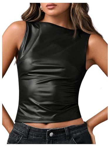 Milumia Women's Faux Leather Tank Top Shirt Y2k Fitted Going Out Tops Party Clubwear Black X-Small | Amazon (US)