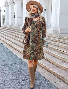 Zeagoo Fall Dresses for Women Long Sleeve Casual Pleated V Neck Dress 2025 A Line Tunic Dress | Amazon (US)