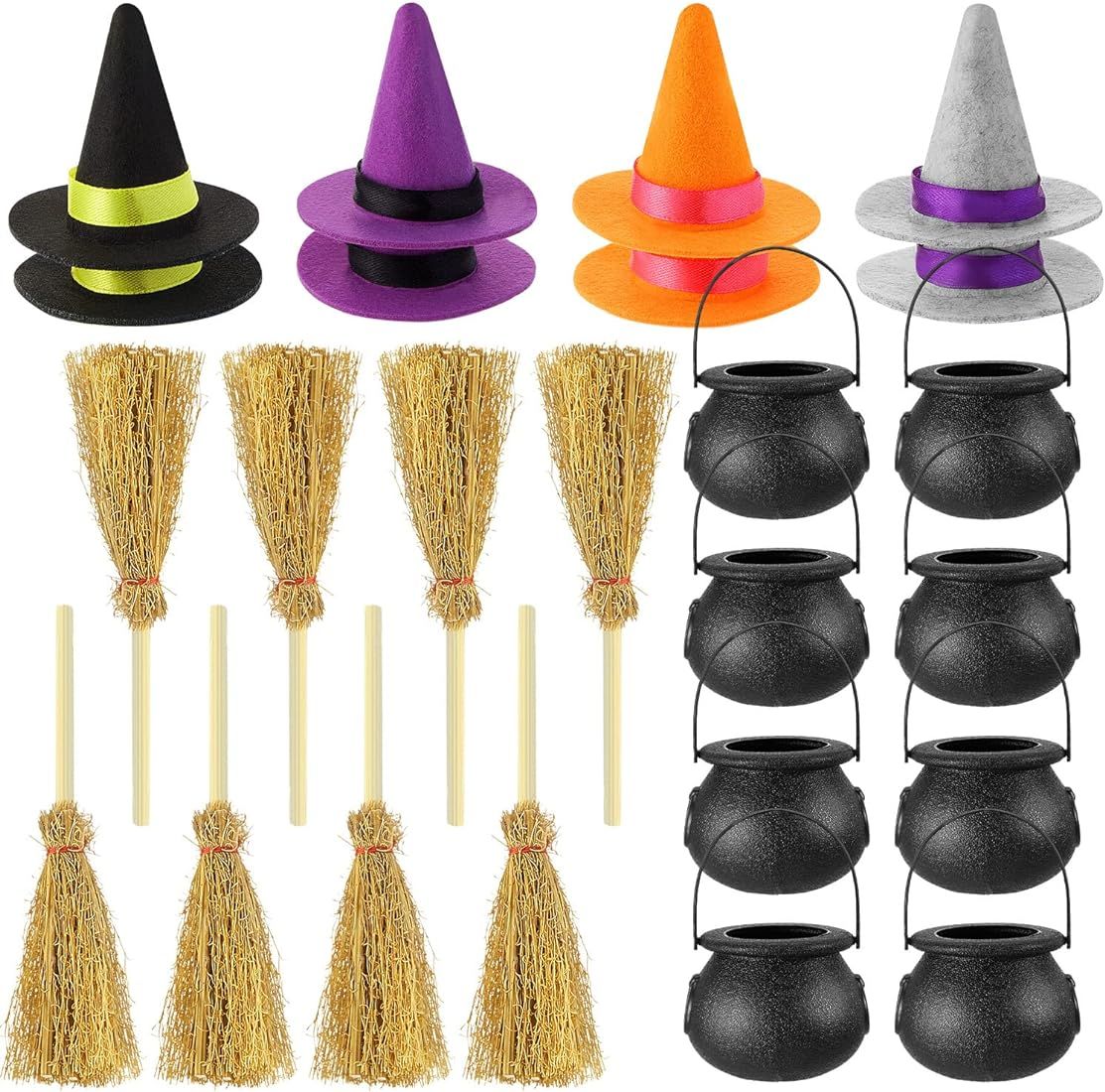 24 Pcs Halloween Mini Witch Hats, Mini Broom, Candy Cauldron Kettles, Halloween Decorations Witch... | Amazon (US)