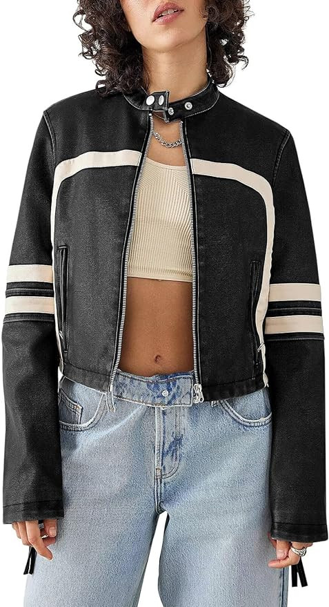 Saodimallsu Women’s Faux Leather Jackets Zip Up Stand Collar Cropped Motocross PU Coats | Amazon (US)