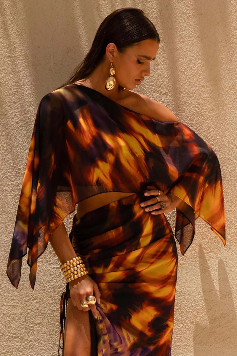 Elysia | Smoke Print Asymmetric Crop Top | Club L London
