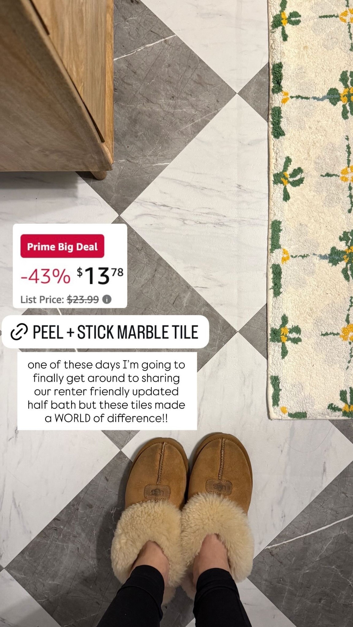Peel & stick marble checkered tile on sale for Amazon Prime Days! 

Bath rug is old from Anthro. Also can get these UGG slippers and leggings from Amazon! 

#LTKHome #LTKSaleAlert #LTKFindsUnder50