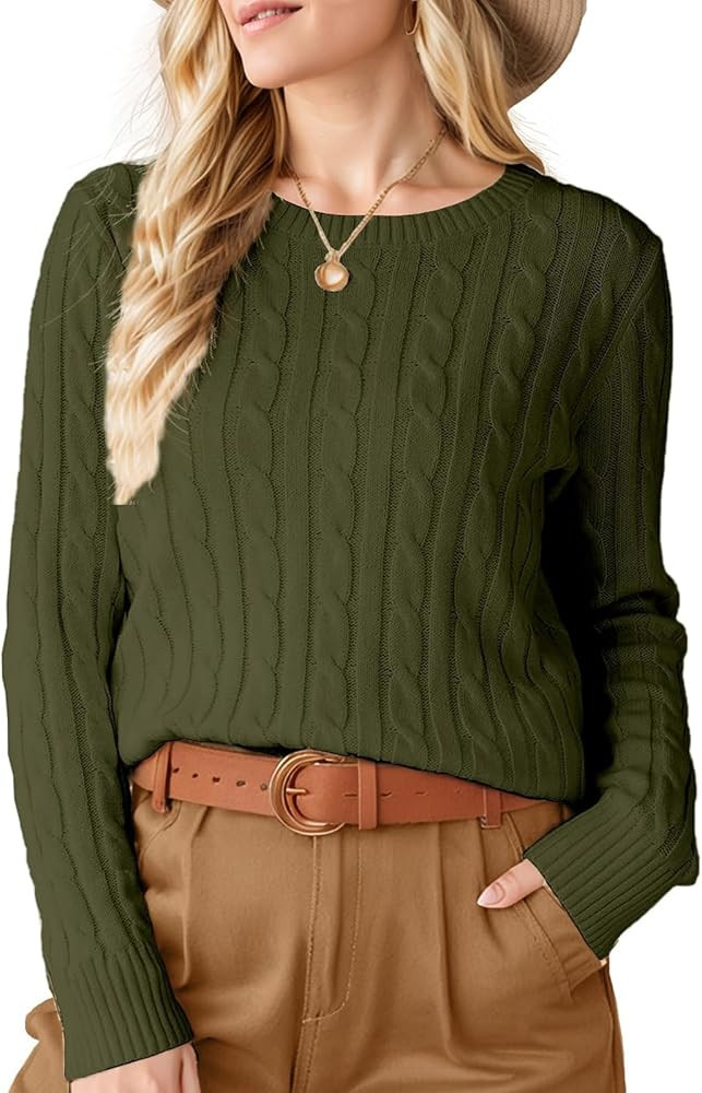 Womens Winter Fall Sweaters 2026 Trendy Cable Knit Long Sleeve Crewneck Tops Casual Outfit Sweate... | Amazon (US)