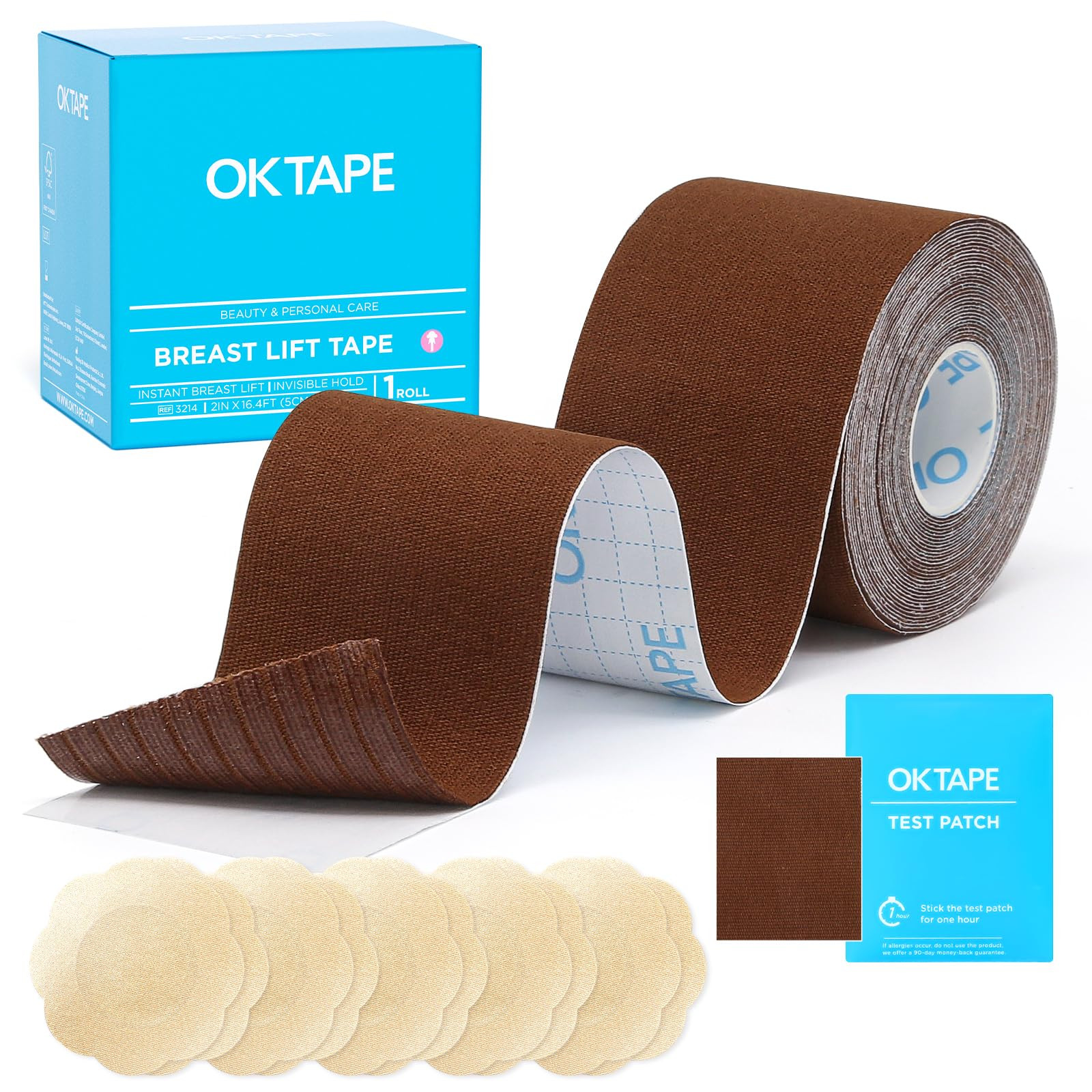 OK TAPE Breast Lift Tape, Boob Tape for Large Breasts Lift with 5 Pairs Nipple Cover Set, Breathable and Invisible Body Tape for A-G Cup, Brown, 2" x 16.4ft | Amazon (US)