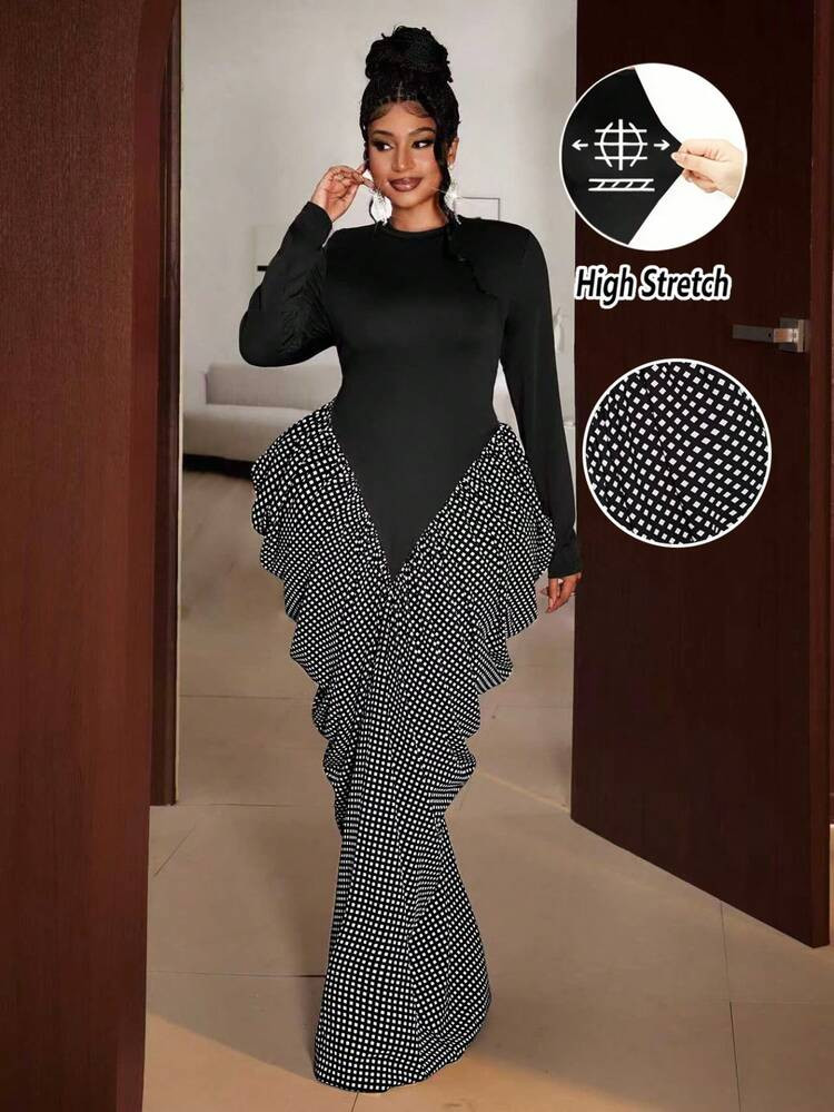 Maweii Maweii Plus Size Elegant Party Polka Dot Print Patchwork Dress Fall Spring/Fall Fall/Winter Winter Cloth For Women | SHEIN