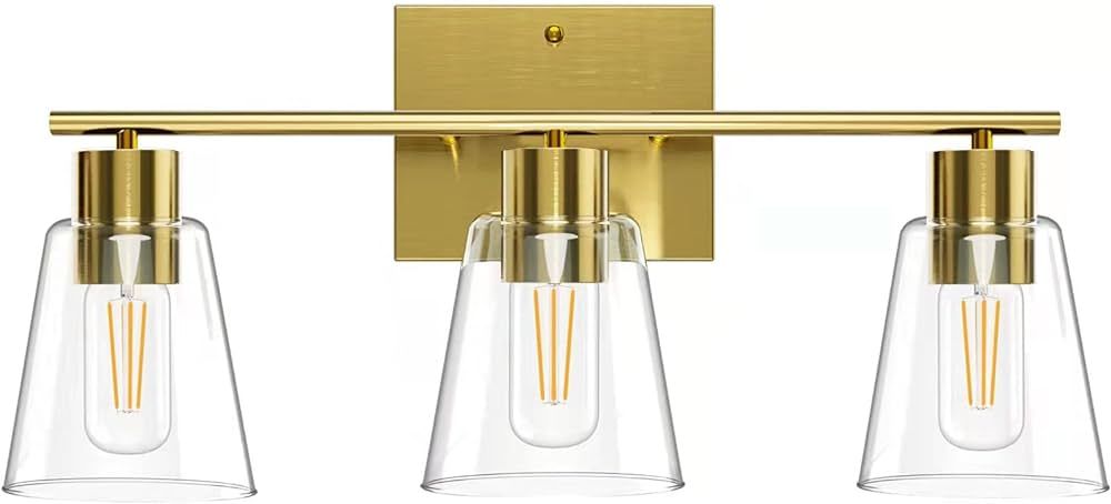 EnweMahi 3 Light Gold Bathroom Vanity Light, Bathroom Light Fixtures Over Mirror with Clear Glass... | Amazon (US)