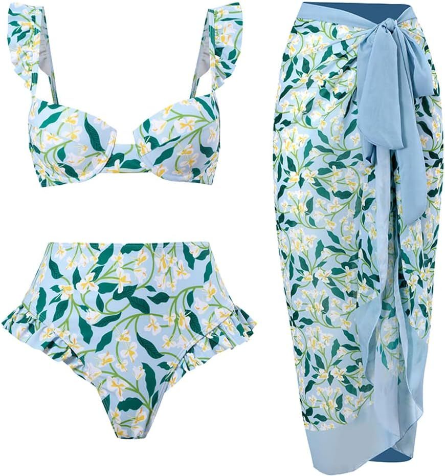 Womens Bikini Set 3 Piece Elegant Vintage Print Ruffled Lace Up Brazilian Thong Swimsuits with Bi... | Amazon (US)