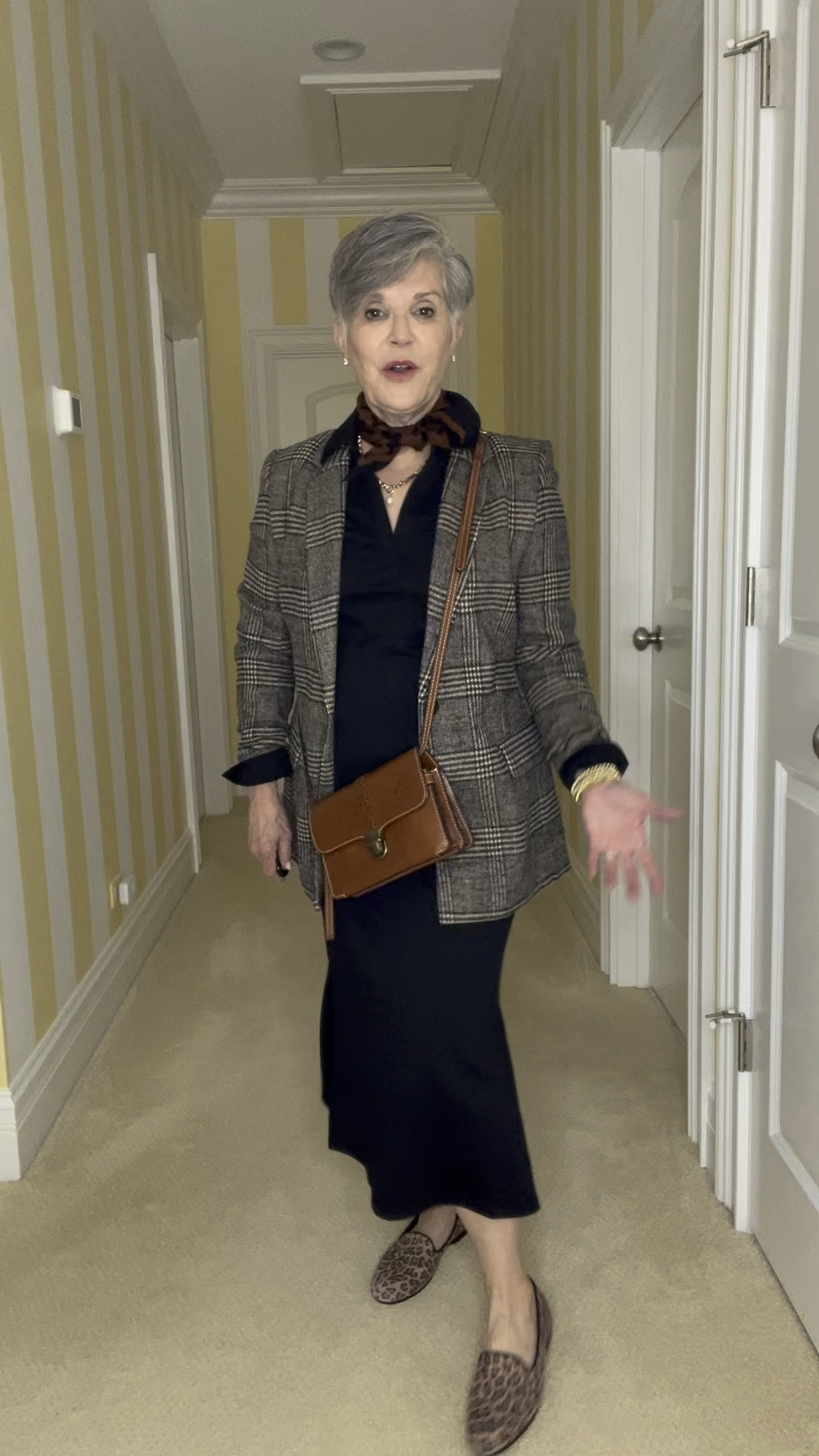 This one is for you IF you LOVE black and brown together 🖤🤎 for fall 🍁! I LOVE how the two colors play off of one another! 
Here I paired an awesome @talbots black knit midi dress with an @amazon Glen plaid blazer. Then, I added a black and brown polka dot (or leopard 🐆!) scarf, the BEST brown cross-body bag, and @vionic leopard 🐆 flats. Black or brown booties or boots would be great instead!
For jewelry, I wore pretty gold bracelets, a gold watch (yay, @amazonfashion) and pretty “diamond” stud earrings. 

#LTKOver40 #LTKVideo #LTKFindsUnder50