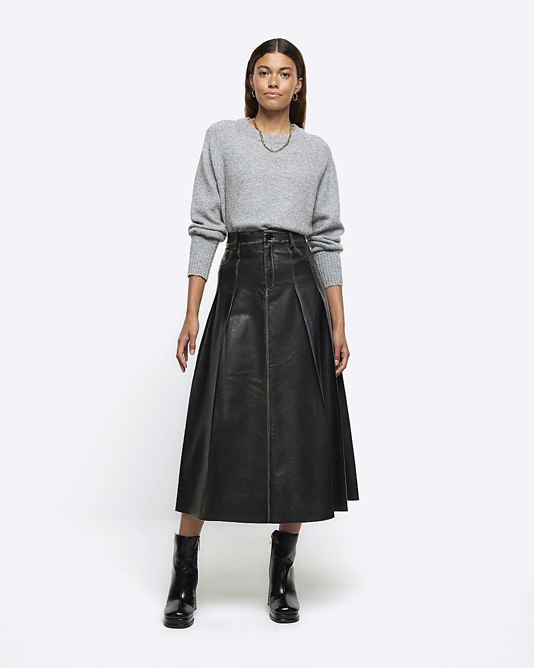 Black faux leather distressed midi skirt | River Island (UK & IE)