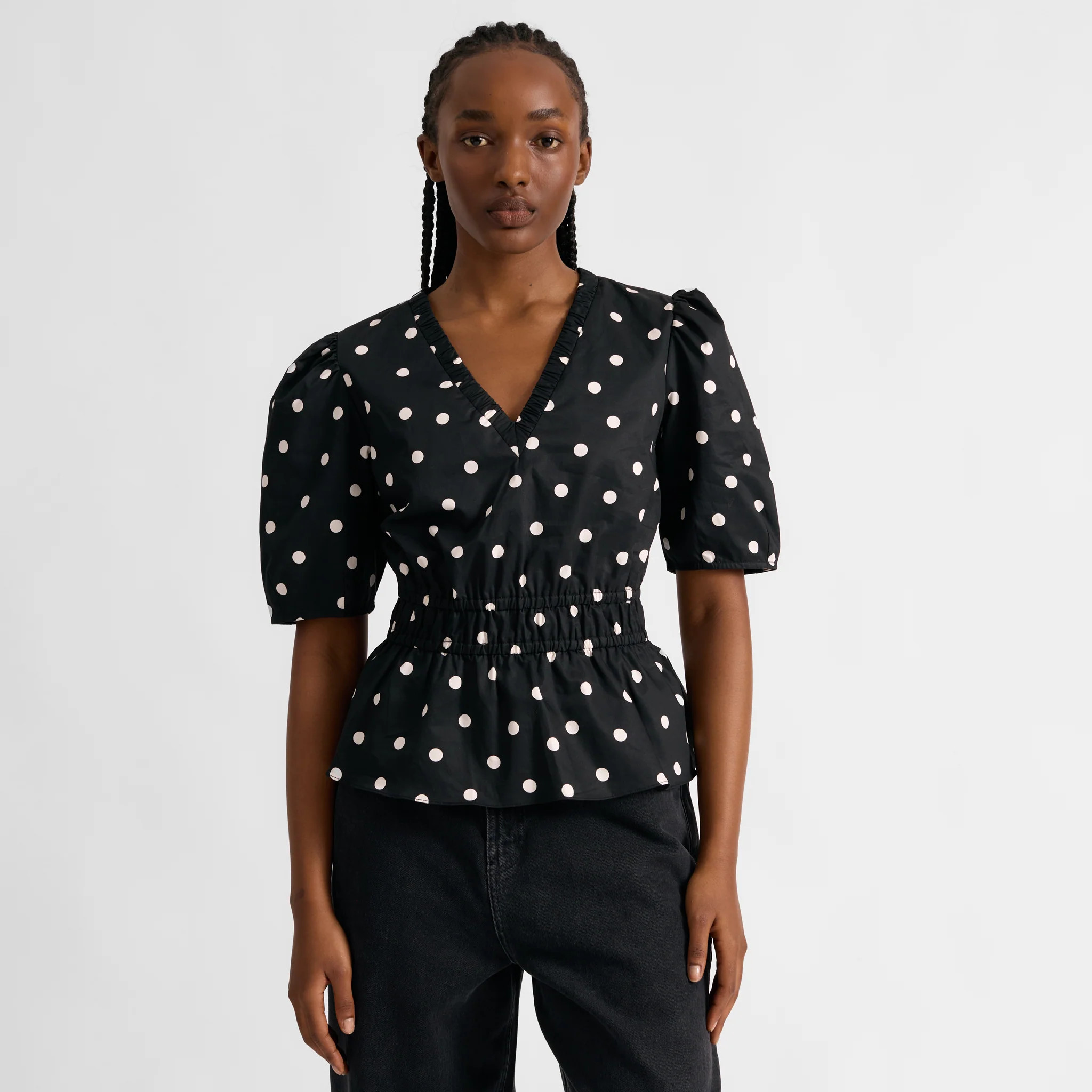 Black and White Spot Elastic Waist Top | Albaray