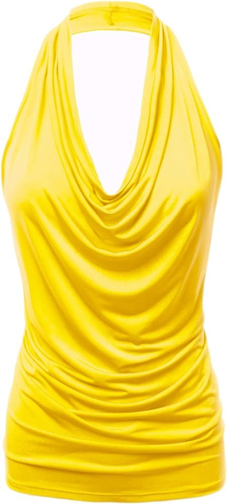 FASHIONOLIC Women's Halter Neck Front Draped Backless Tank Top Made in USA (S-3XL) | Amazon (US)