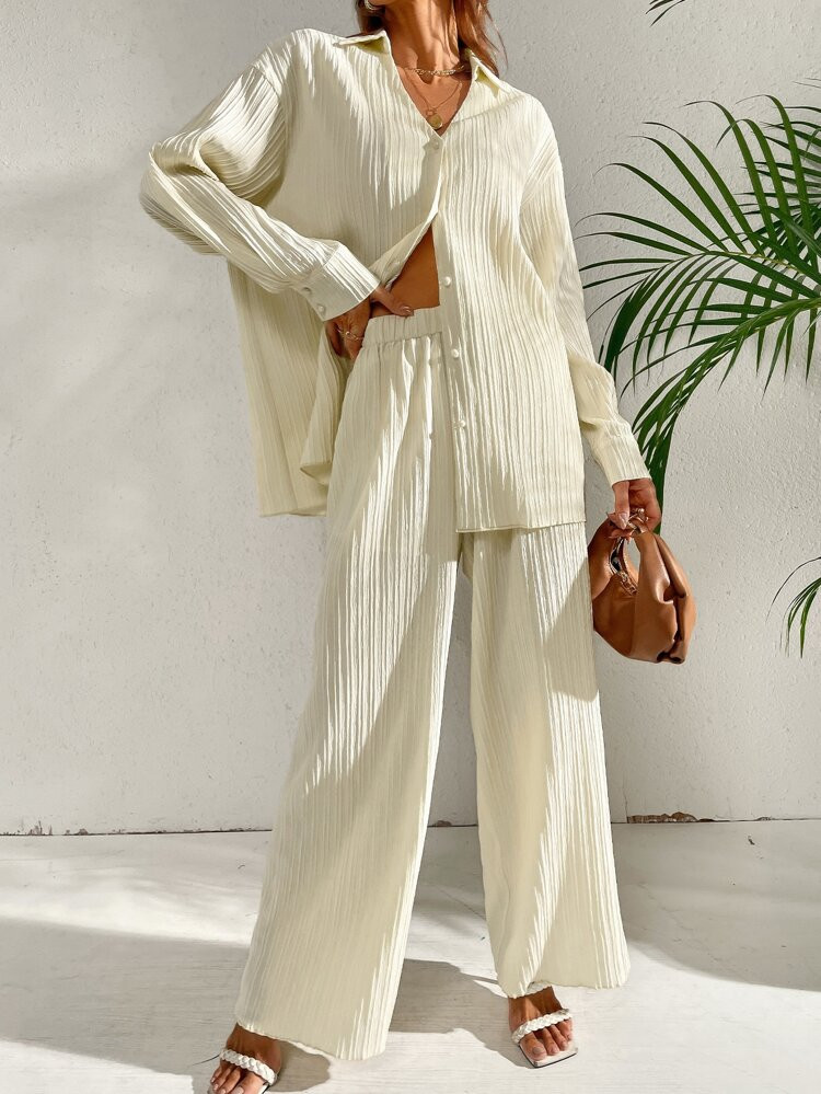 Plisse Drop Shoulder Shirt & Wide Leg Pants | SHEIN