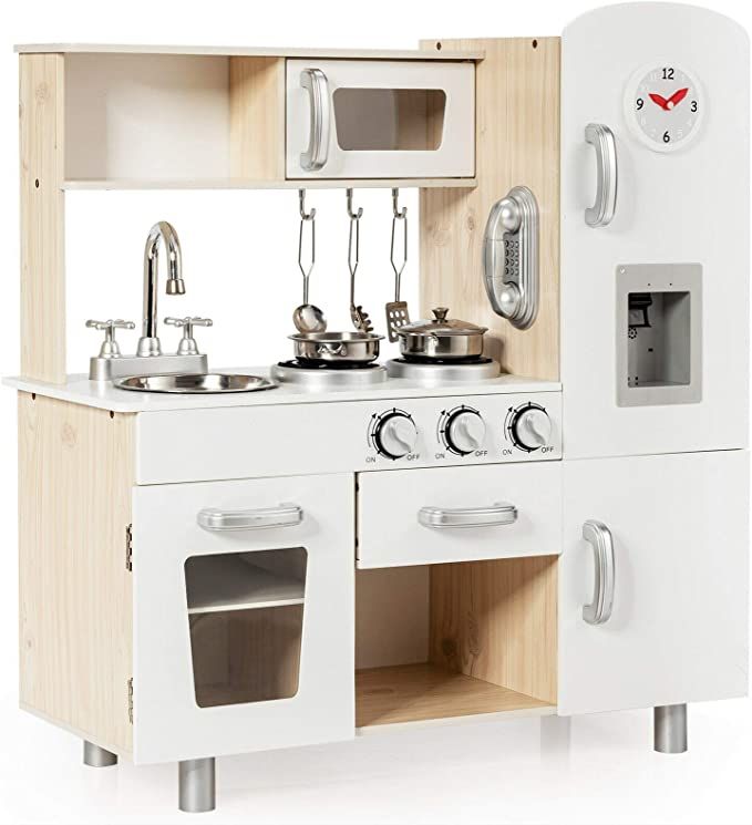 Costzon Kids Kitchen Playset, Wooden Pretend Cooking Playset w/ Telephone, Stove, Fridge, Microwa... | Amazon (US)