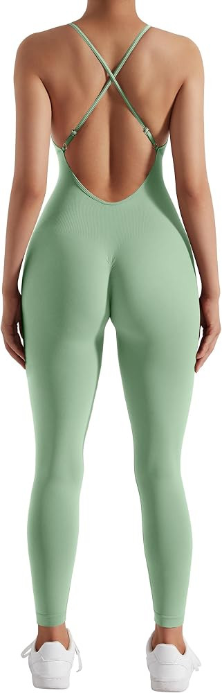 OMKAGI Women Strappy Backless One Piece Jumpsuits Seamless Tummy Control Workout Romper | Amazon (US)