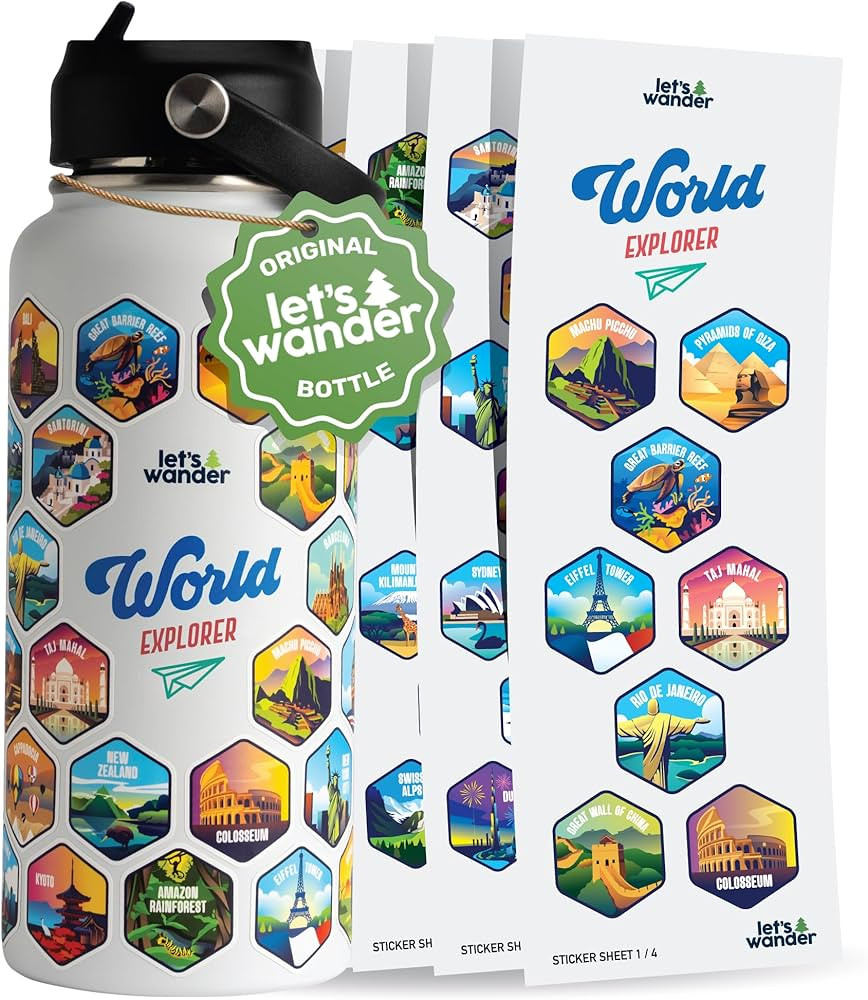 LET'S WANDER World Explorer Adventure Water Bottle with 50 Waterproof Stickers - 32oz Leakproof I... | Amazon (US)