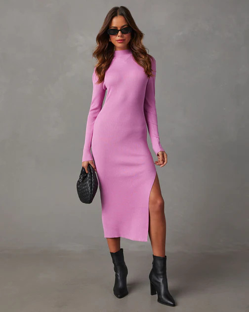 Hold That Thought Ribbed Mock Neck Midi Dress - Pink | VICI