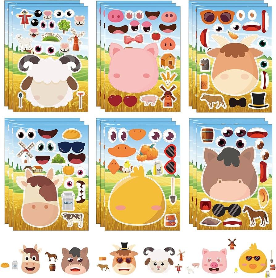 24 Sheets Farm Animal Make a Face Sticker Sheets for Kids Todders Activities, Make Your Own Stick... | Amazon (US)