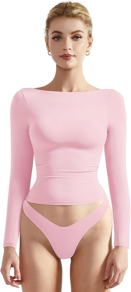 SUUKSESS Women Crew Neck Long Sleeve T Shirts Double Lined Tight Fitted Crop Top | Amazon (US)