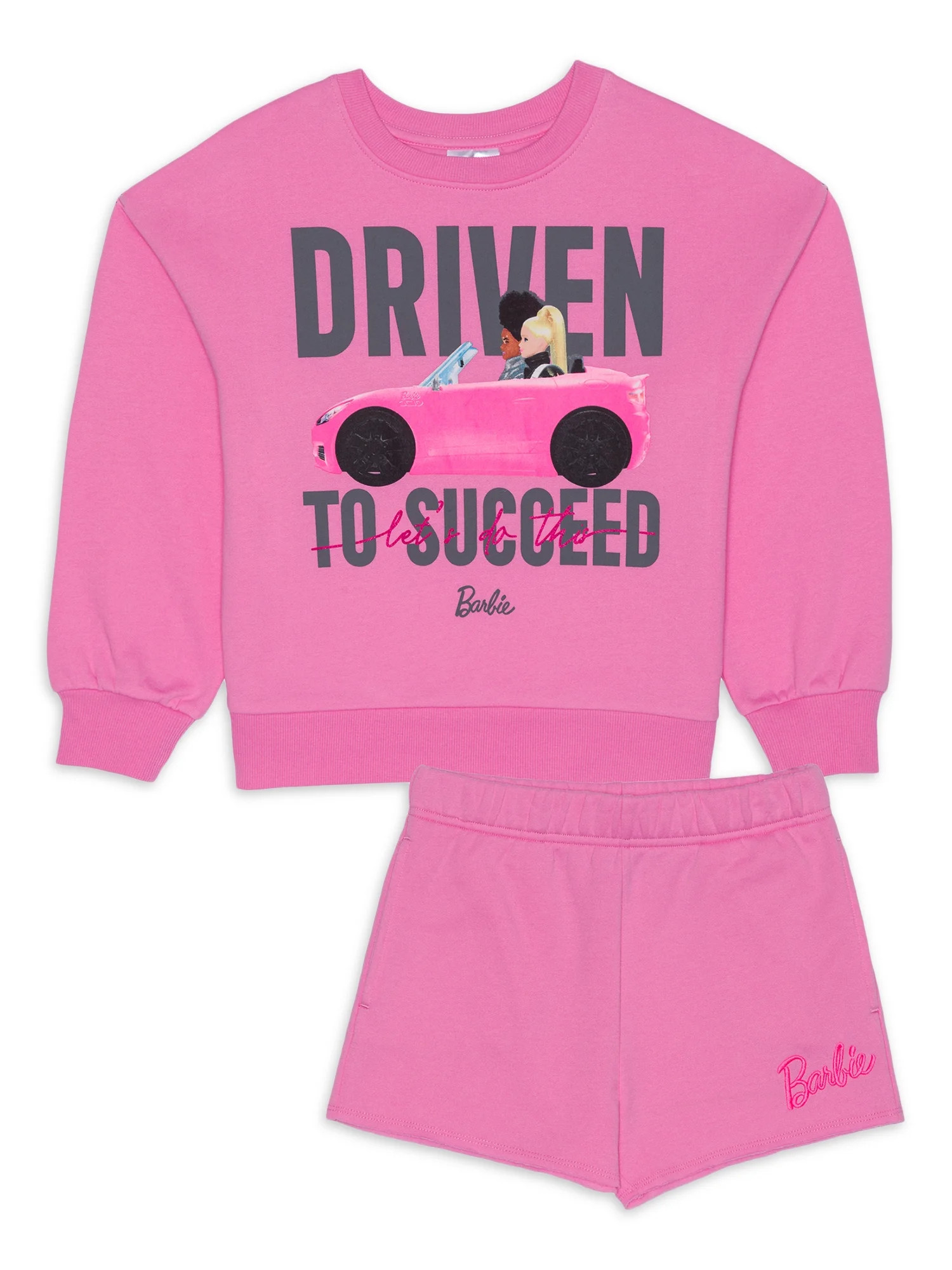 Girls Barbie Long Sleeve Fleece Sweatshirt & Short 2-Piece Outfit Set, Sizes 4-18 - Walmart.com | Walmart (US)