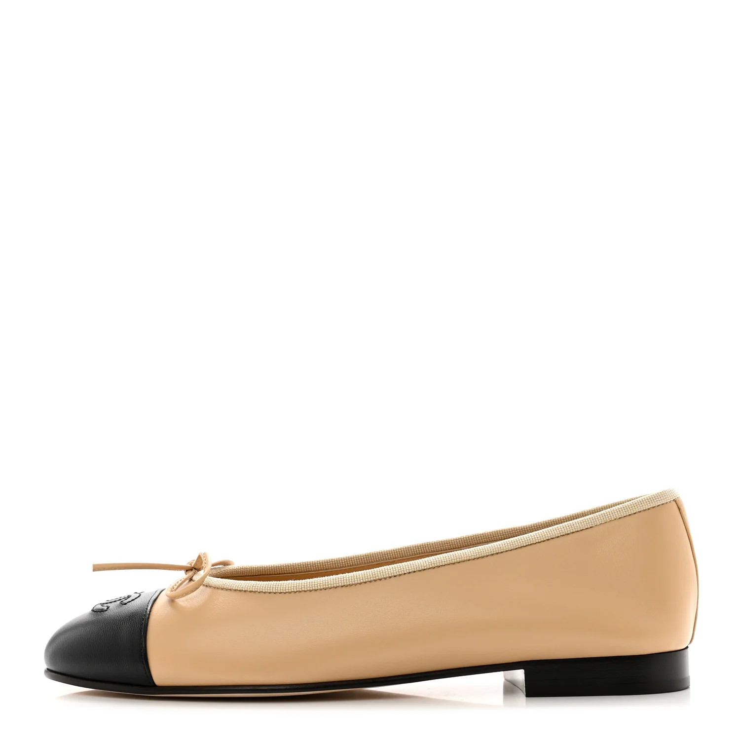 Lambskin Cap Toe CC Ballerina Flats 38.5 Beige Black | FASHIONPHILE (US)