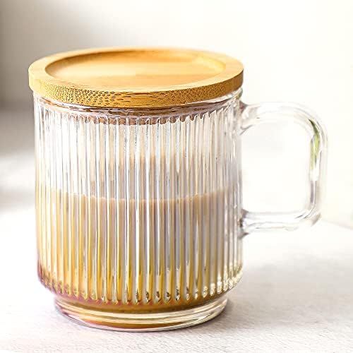 Lysenn Iridescent Glass Coffee Mug with Lid - Premium Classical Vertical Stripes Glass Tea Cup - ... | Amazon (US)