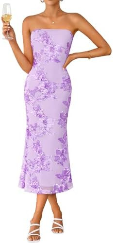 ZESICA Women's Summer Strapless Floral Midi Dress 2026 Bodycon Mesh Tube Wedding Guest Cocktail P... | Amazon (US)