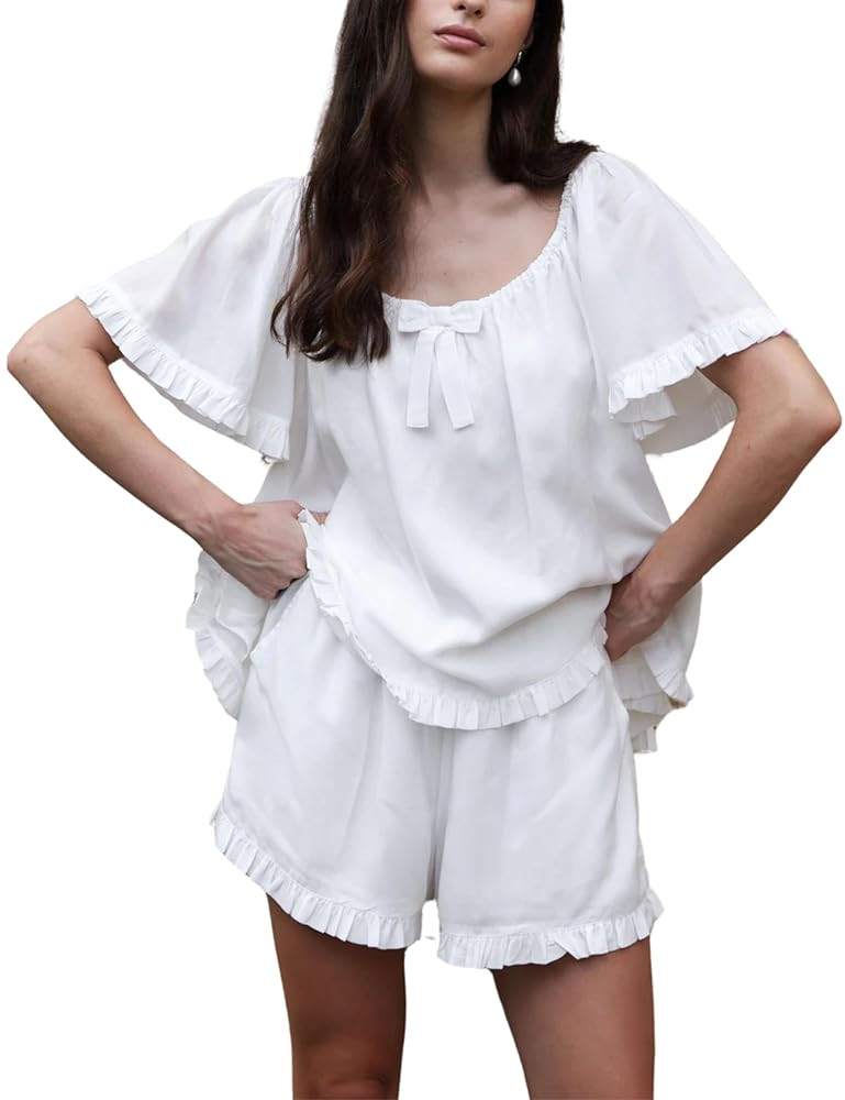 Esmeling Women Summer 2 Piece Pajamas Ruffled Short Sleeve Tops and Shorts Cute Bow Front Pajama ... | Amazon (US)