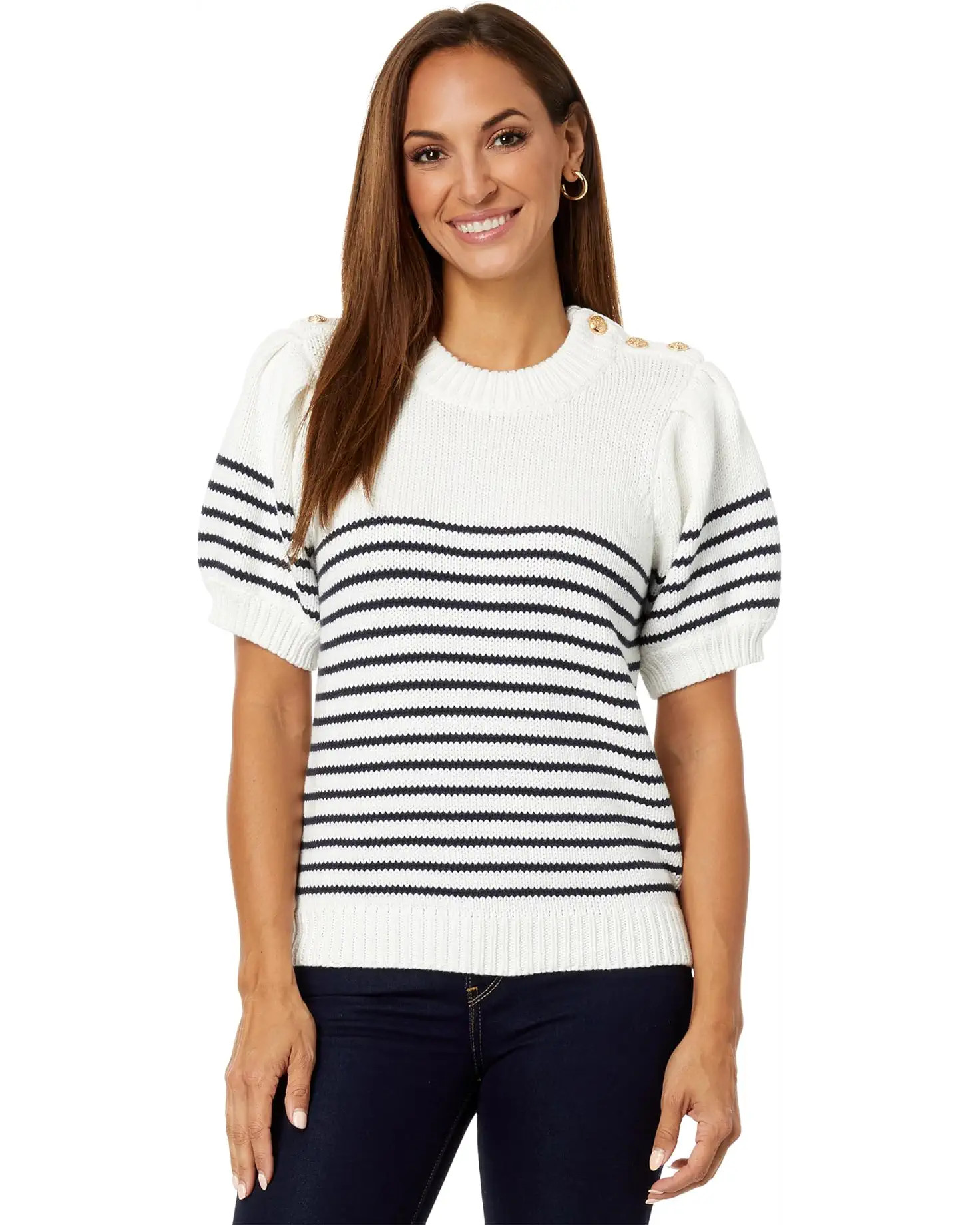 Striped Short Puff Sleeve Sweater with Buttons | Zappos