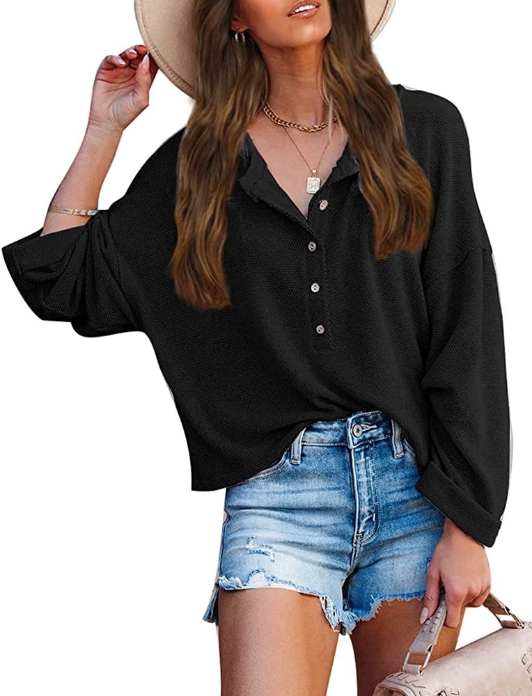 Amazon.com: KIRUNDO Women's Casual Sweatshirts V Neck Button Down Short Lightweight Oversized Lon... | Amazon (US)