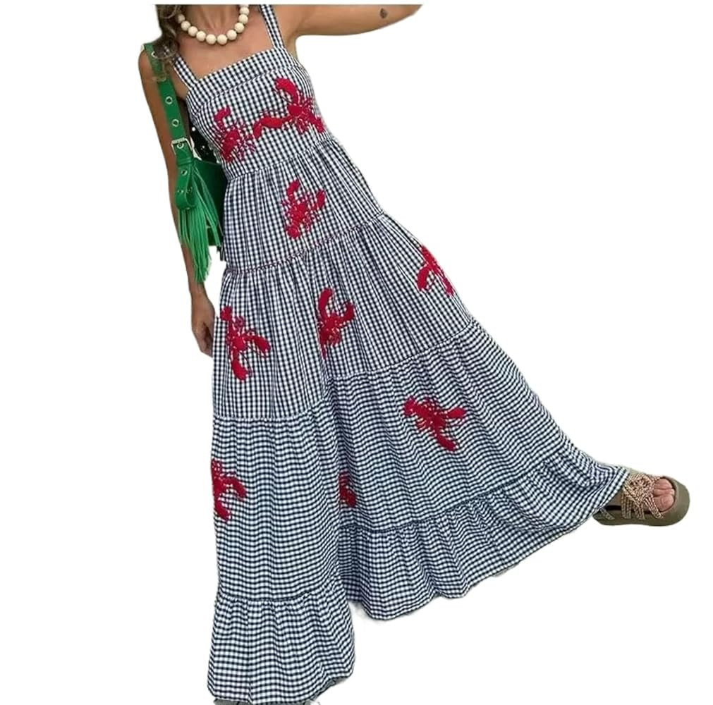 XPONNI Gingham Dress Lobster Summer Maxi Dresses for Women 2024 Shrimp Long Dress Flowy Ruffle Li... | Amazon (US)