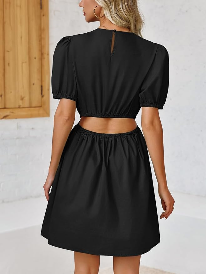 Fisoew Women 's Summer Dresses Cutout Puff Short Sleeve Casual Crewneck Elastic A-Line Mini Dress | Amazon (US)