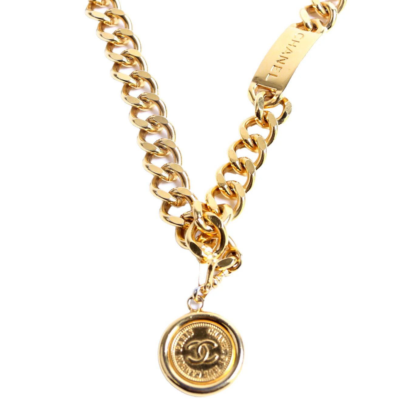 CC Medallion Logo Plate Chain Vintage Belt Gold | Keeks Designer Handbags