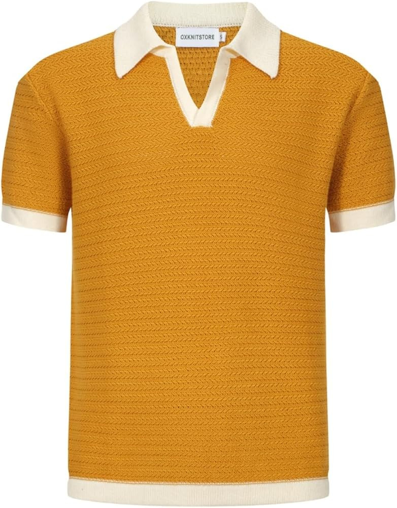 OXKNIT Mens Knit Polo Shirts Vintage Short Sleeve Golf Shirts Textured Retro Poloshirt White V-Ne... | Amazon (US)