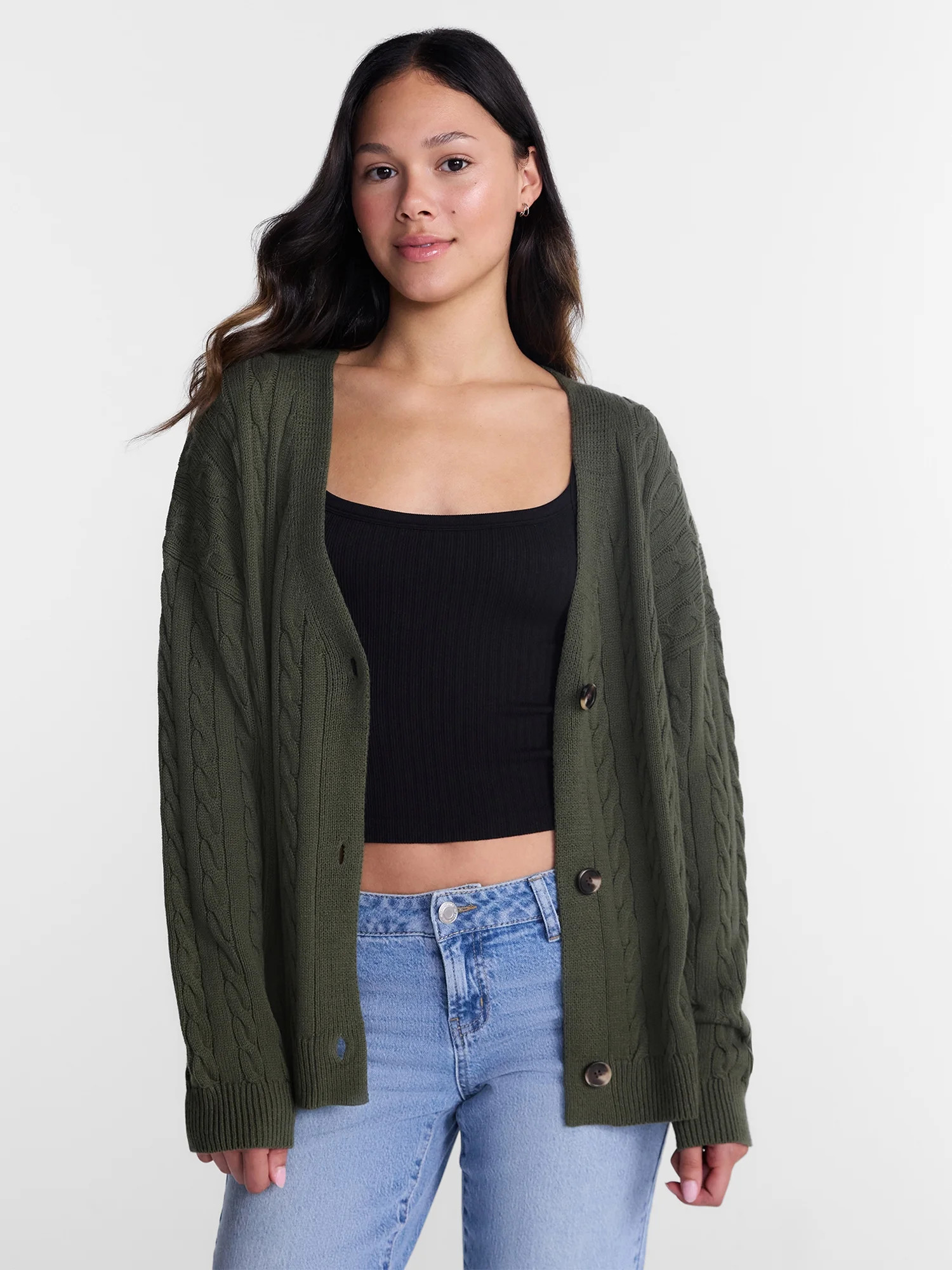 No Boundaries Cable Knit Grandpa Cardigan, Women's and Women's Plus XXS-4X | Walmart (US)
