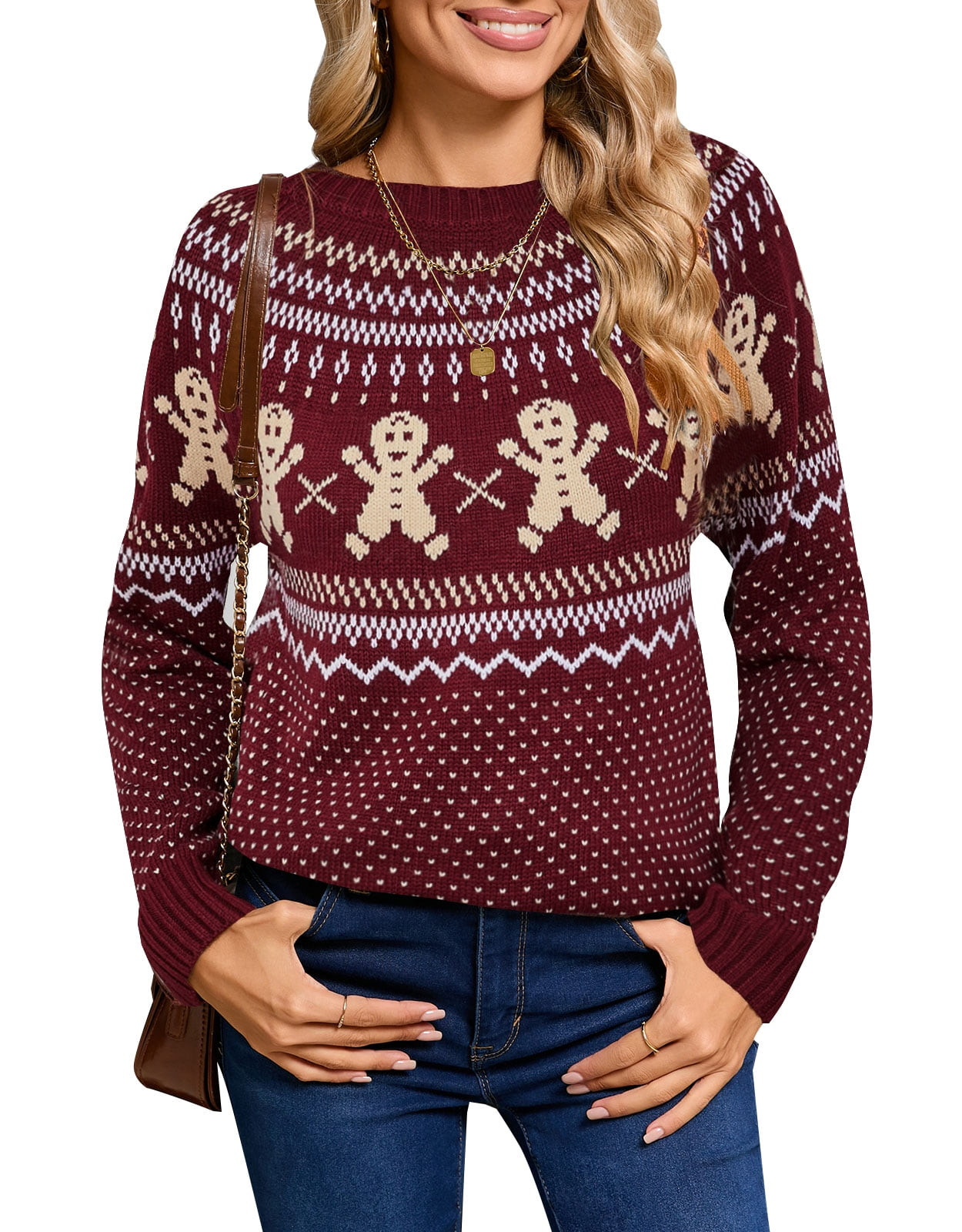Cogild Ugly Christmas Sweaters for Womens Tree Gingerbread Man Pattern Sweaters Crew Neck Knitted... | Walmart (US)