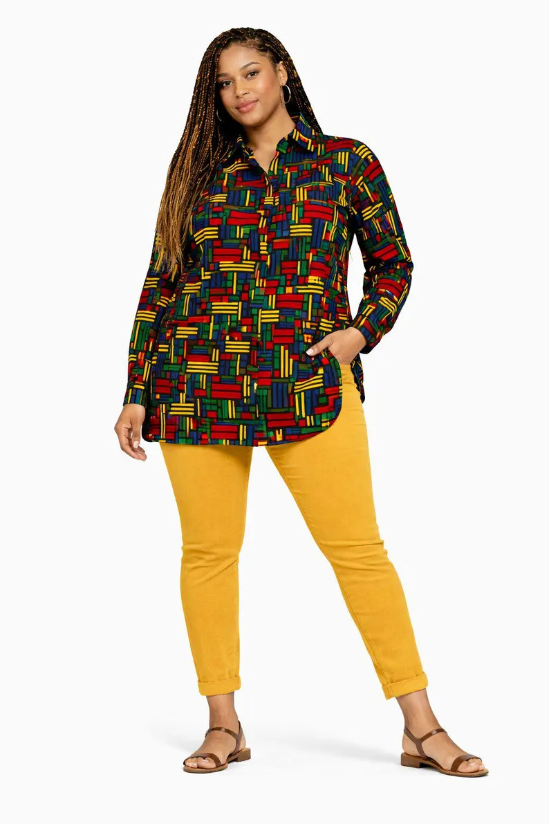 African Print Shirt Dress, Geometric Ankara, Long Sleeve Button Front, Casual Smart, Plus Size - ... | Etsy (Global)