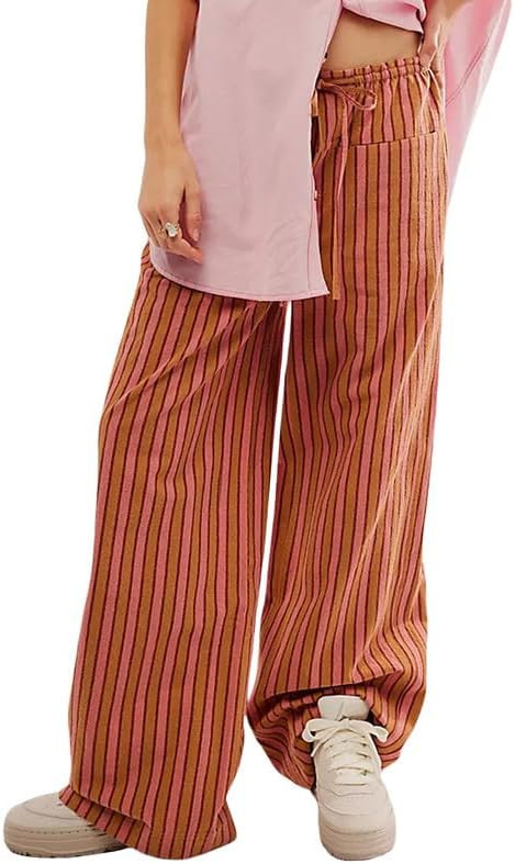 Y2k Striped Pants for Women Elastic Drawstring High Waist Wide Leg Pants Vintage Streetwear Loung... | Amazon (US)